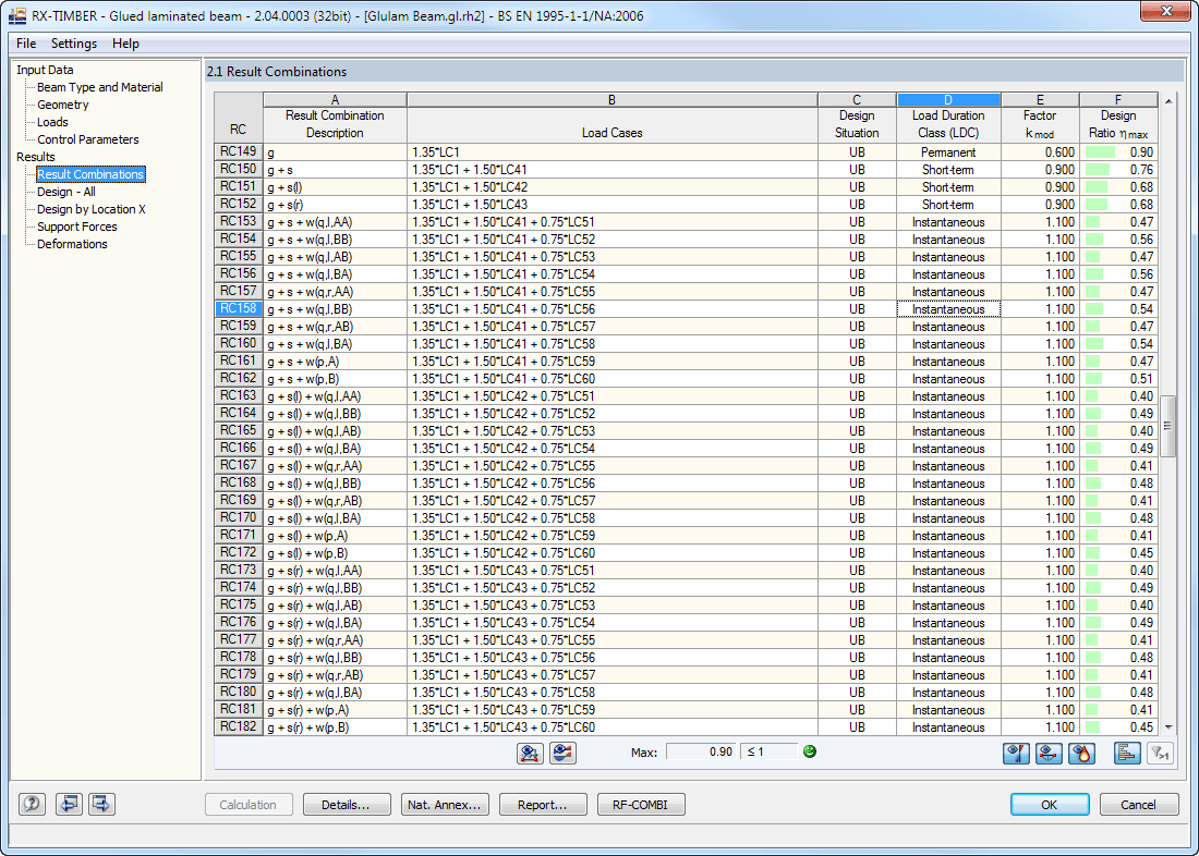 Окно 2.1 Расчетные сочетания