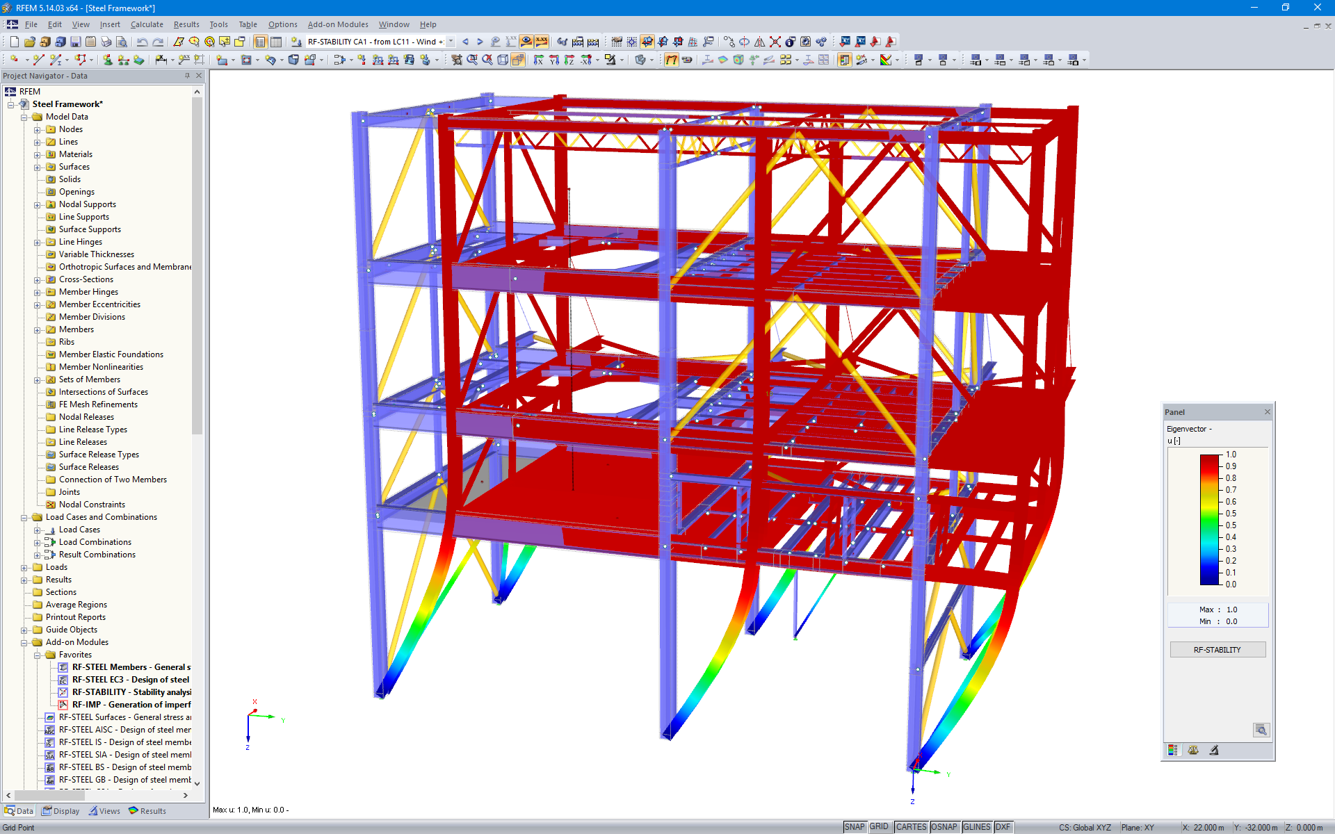 Grafische Darstellung der Knickeigenform eines Stahlgerüstes in RFEM