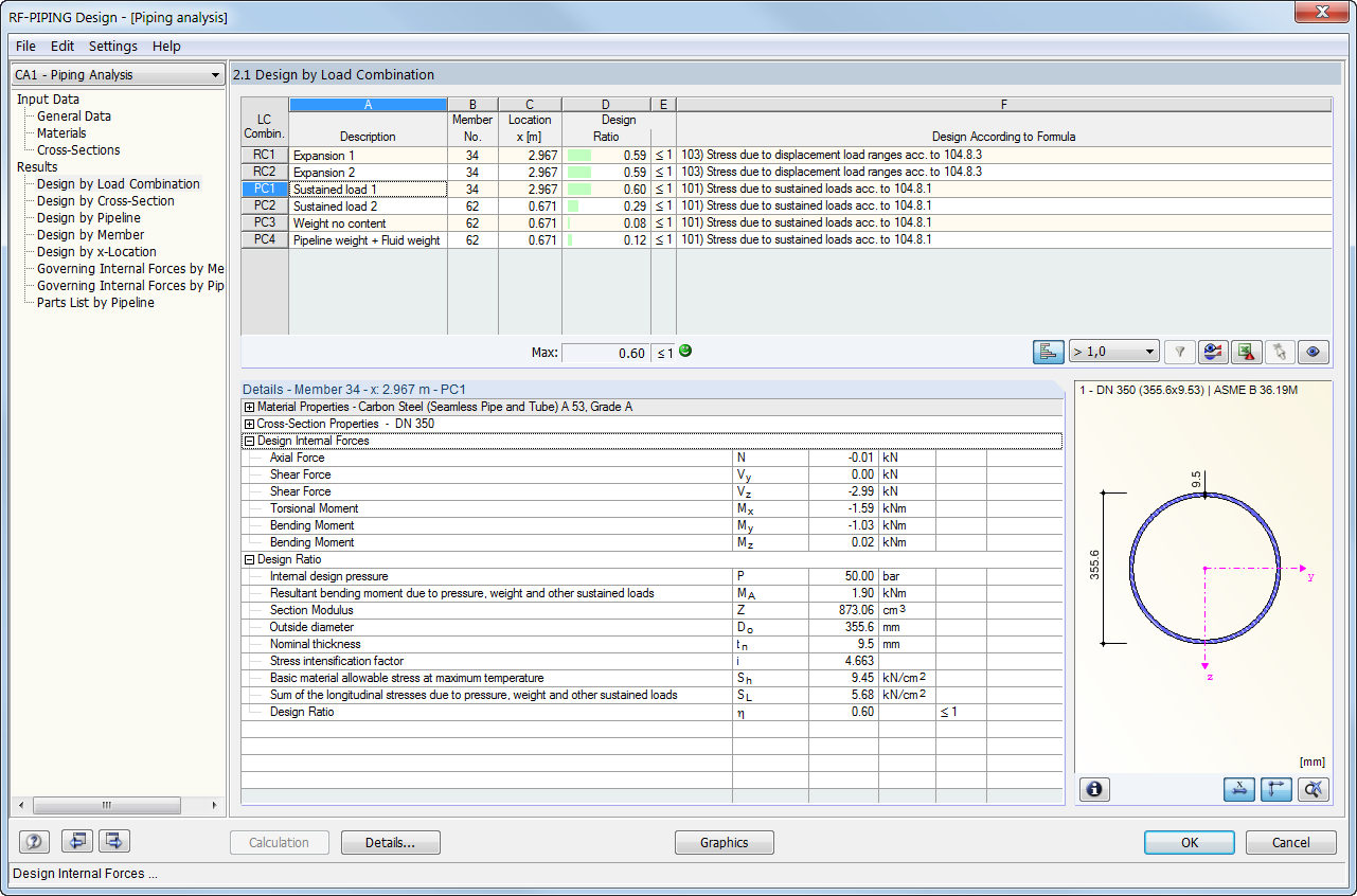 Bemessungsergebnisse im Modul RF-PIPING Design