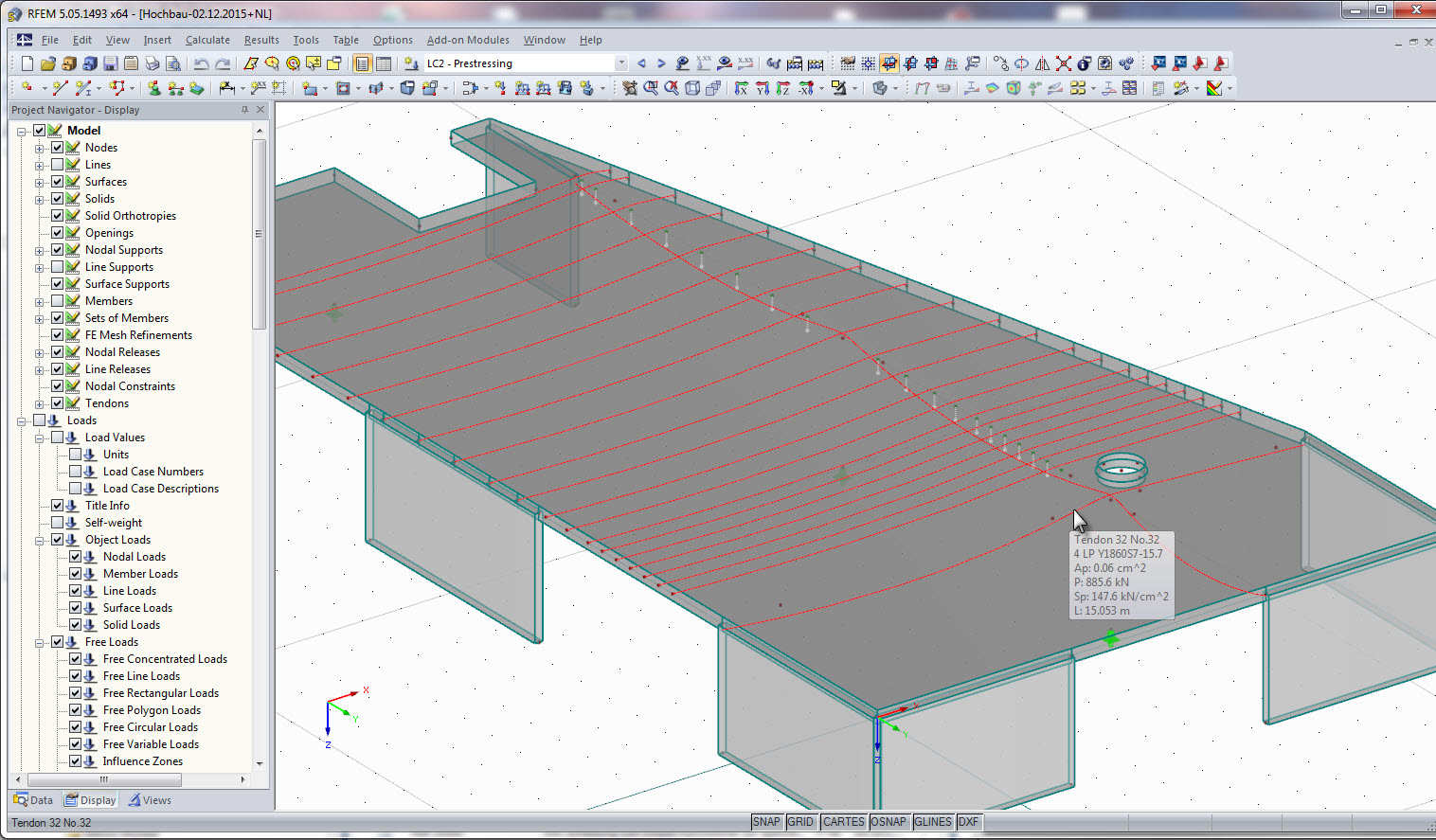 Vorgespannte Hochbaudecke in RFEM - Anzeige der Spannglieder