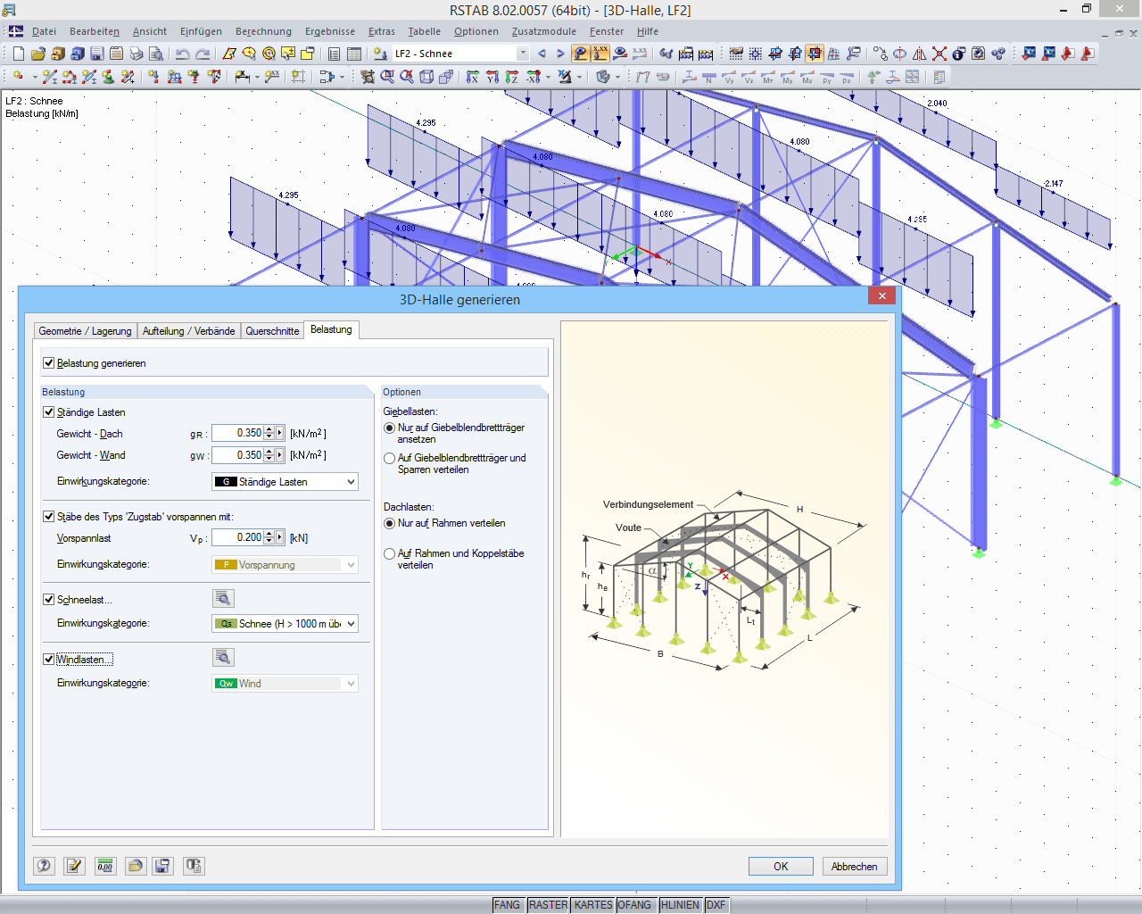 3D-Hallengenerierer (im Hintergrund: generierte Halle in RSTAB)