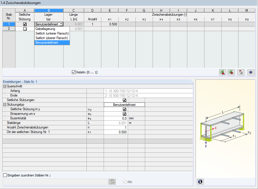 Definition von seitlichen Zwischenlagern in RF-/STAHL AISC