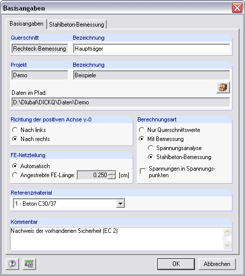 Querschnittswerte-Programm DICKQ | Eingabedialog "Basisangaben des Querschnitts"