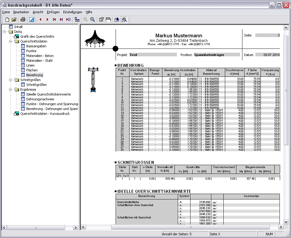 Querschnittswerte-Programm DICKQ | Ausdruckprotokoll