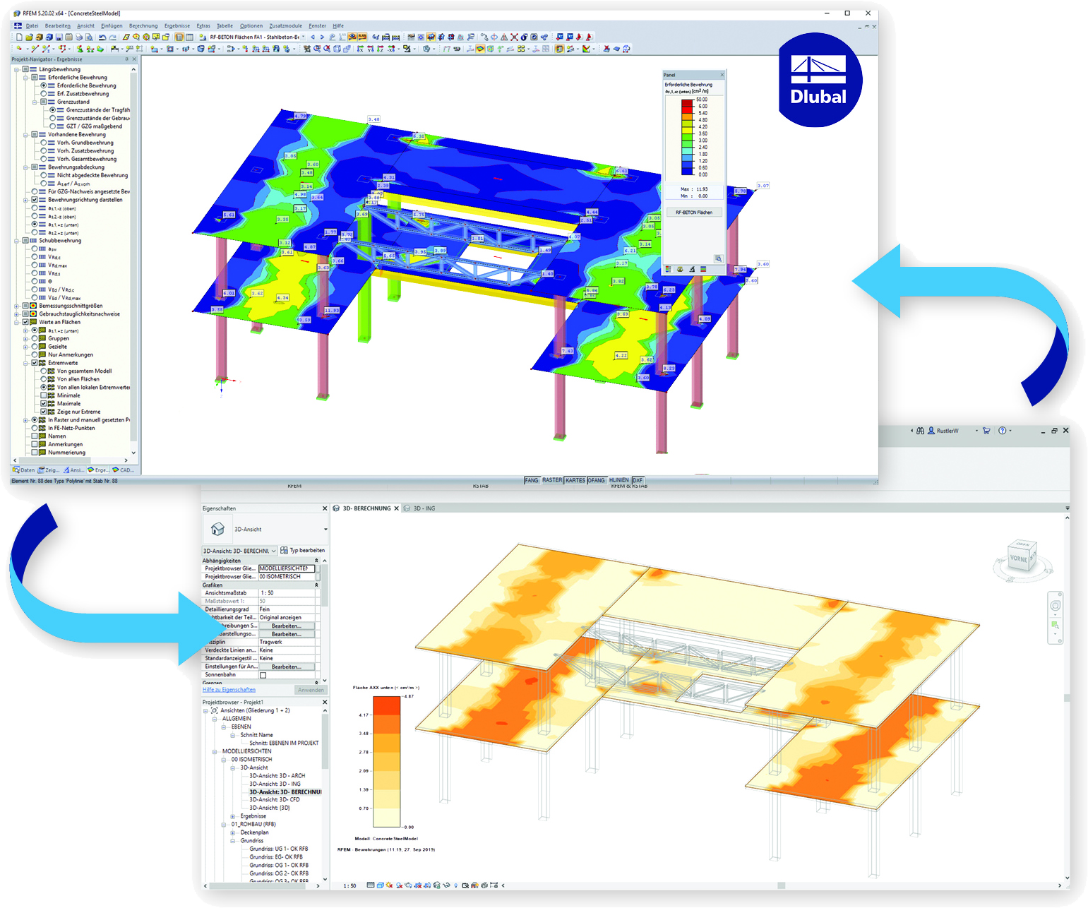 Объем арматуры в RFEM (вверху) и в Revit (внизу) после экспорта через прямой интерфейс