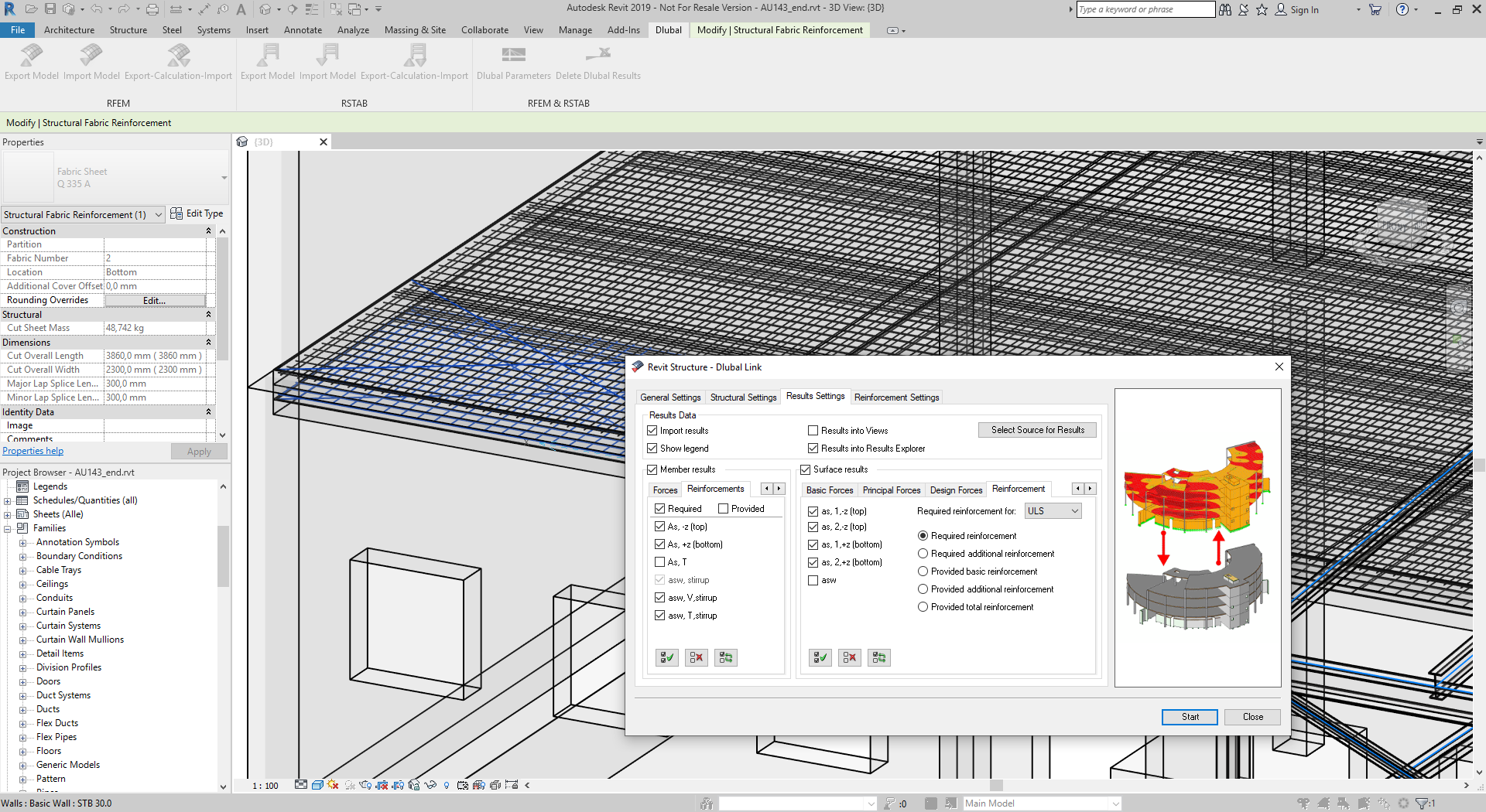 Трехмерное армирование поверхностей в Revit, созданное непосредственно по результатам расчета в RFEM