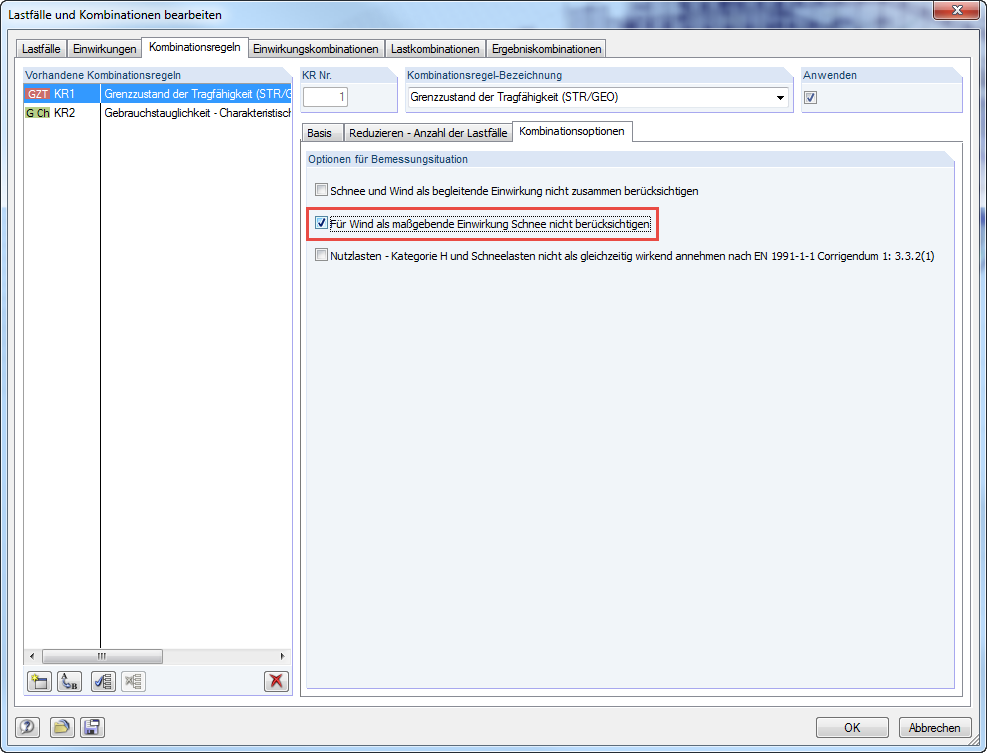 Für Wind als maßgebende Einwirkung Schnee nicht berücksichtigen
