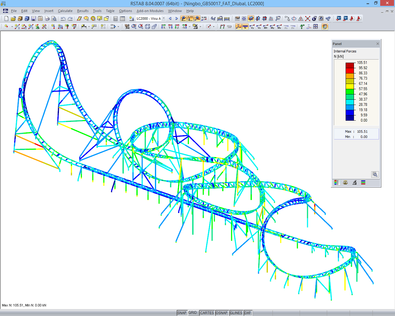 Darstellung der Auslastung beim Betriebsfestigkeitsnachweis nach GB 50017 (1 kN = 1 %) am 3D-Modell in RSTAB (© Maurer Söhne)