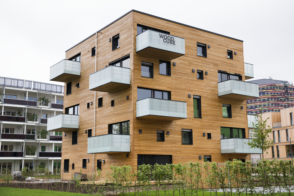 Außenansicht des Woodcube (© Isenmann Ingenieure)