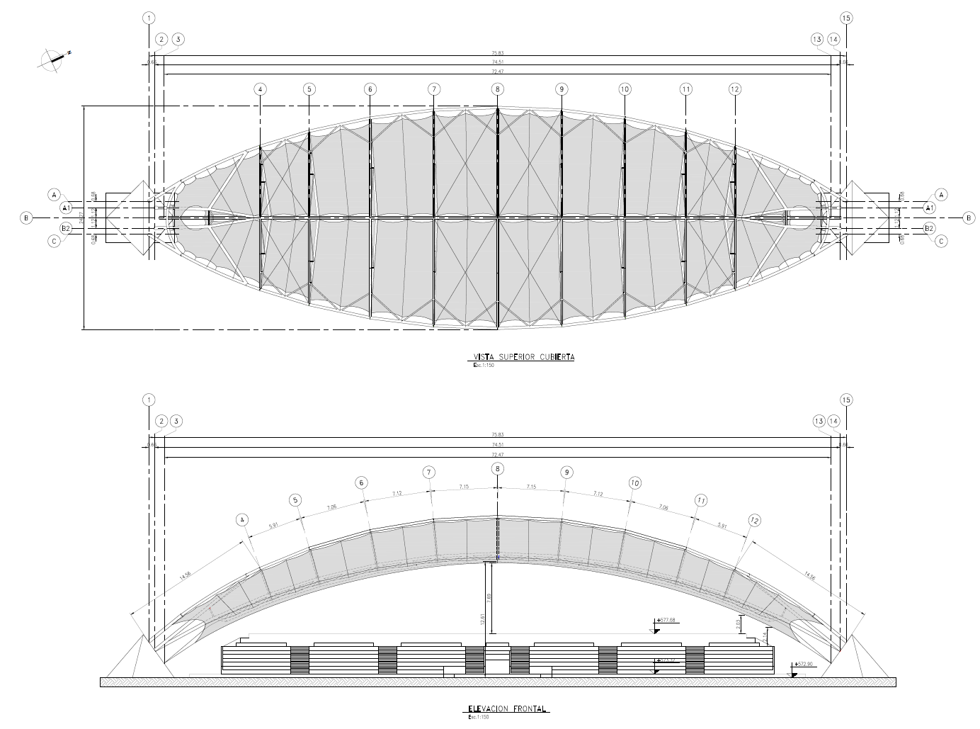 Чертеж разреза с видом сверху (сверху) и разрезом кровли (снизу, © FHS Ingeniería Estructural Ltda.)