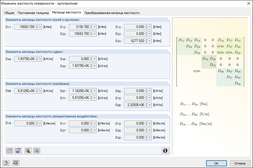 Структура матрицы жесткости ортотропной поверхности