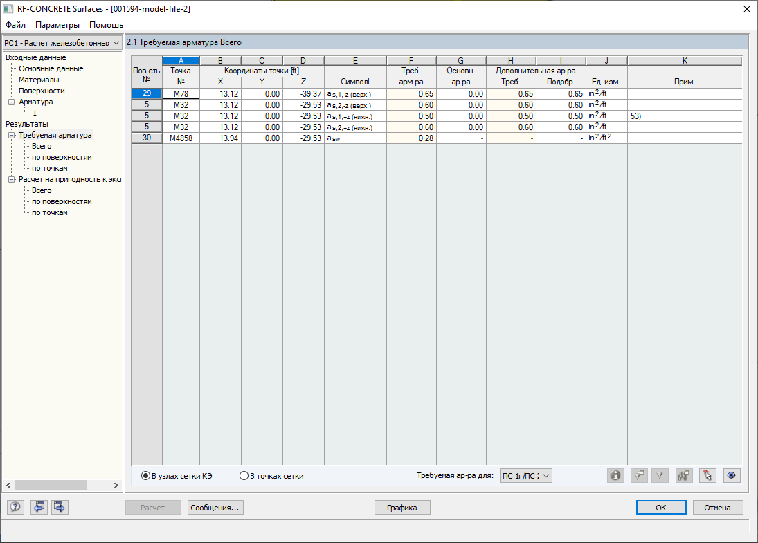 Диалоговое окно «Требуемая арматура» в дополнительном модуле RF-CONCRETE Surfaces