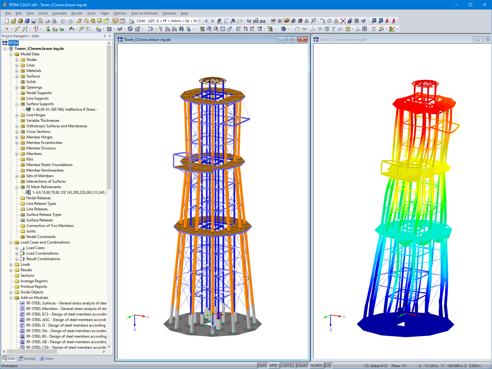 Модель смотровой башни (слева) и отображение деформаций (справа) в программе RFEM (© Ingenieurbüro Braun GmbH & Co. KG)