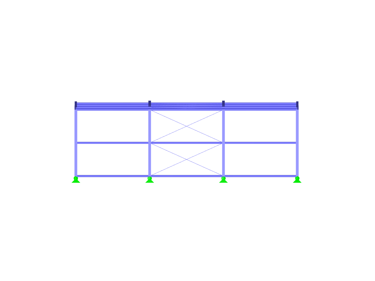 Стальной цех с плоской двускатной крышей с пряжками, вид по оси X