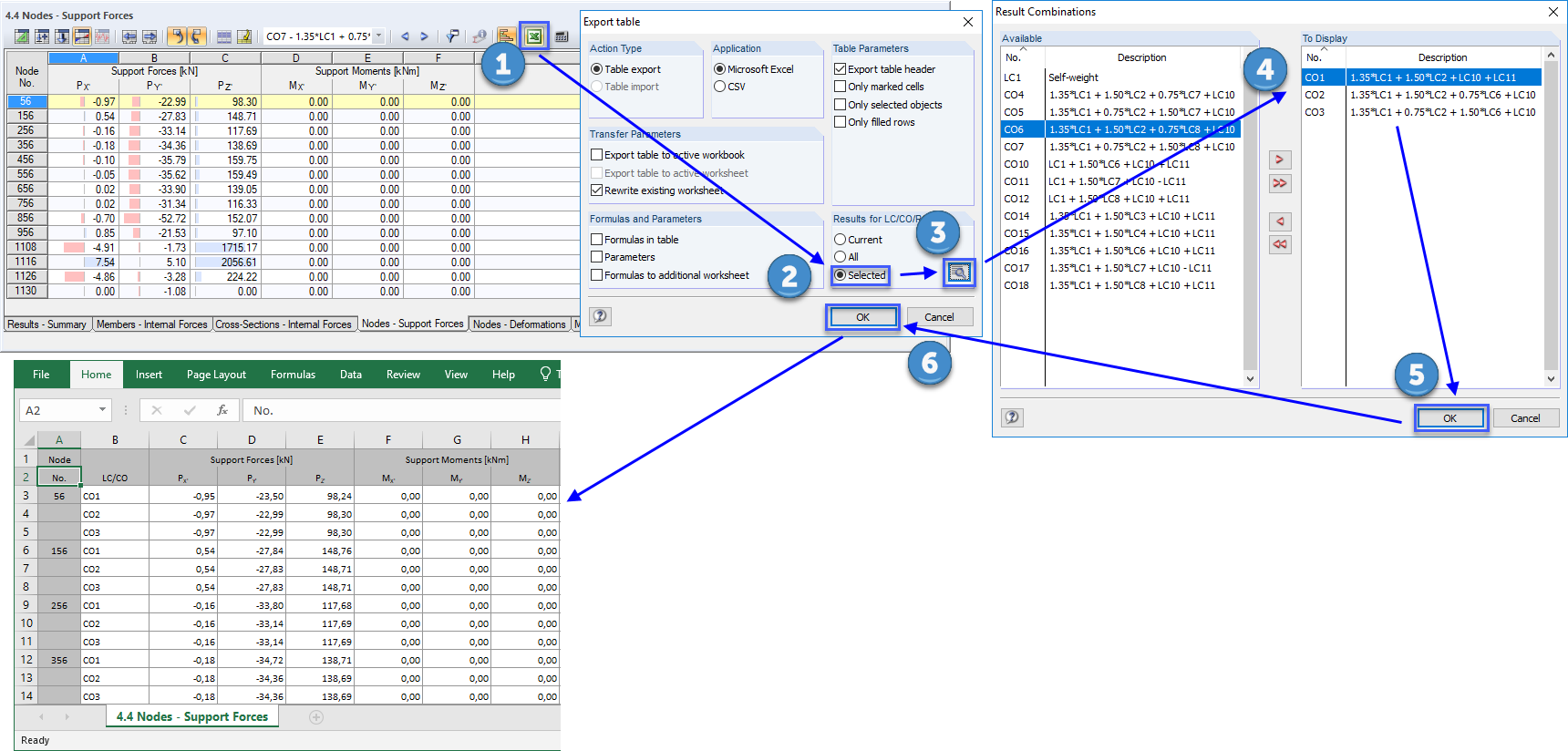 Экспорт узловых опорных реакций в таблицу Excel