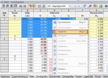 Копирование внутренних сил из RFEM/RSTAB вручную