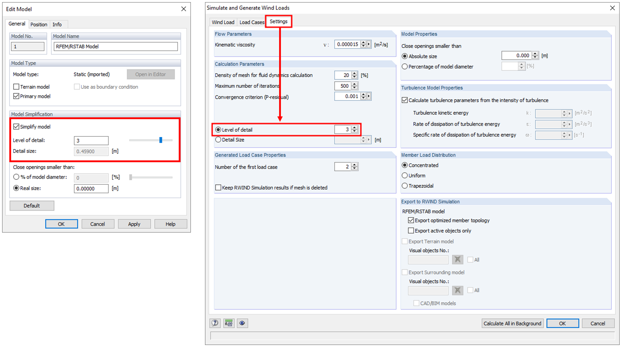 Настройка уровня детализации в программе RWIND Simulation (слева) и в программе RFEM (справа)