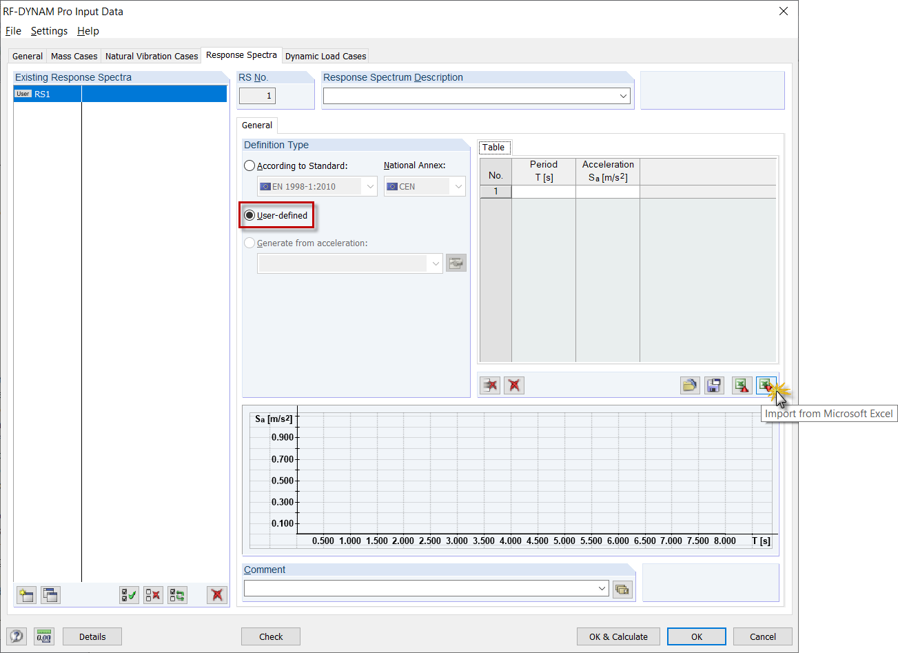Импорт параметров пользовательского спектра реакций из программы Excel
