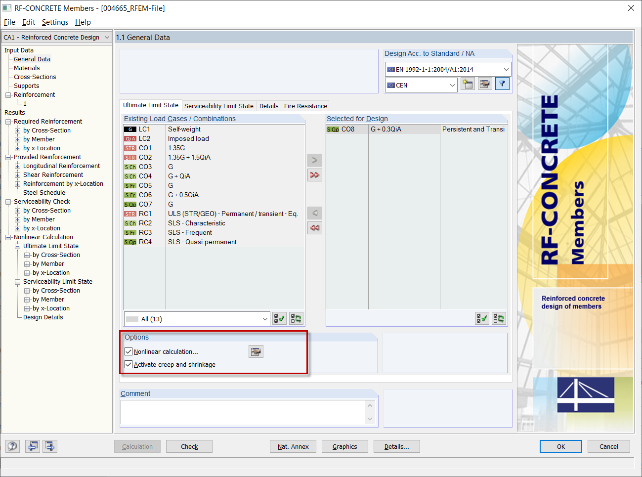 Окно 1.1 в модуле RF-CONCRETE Members с активацией расчета NL, вкл. Ползучесть и усадка