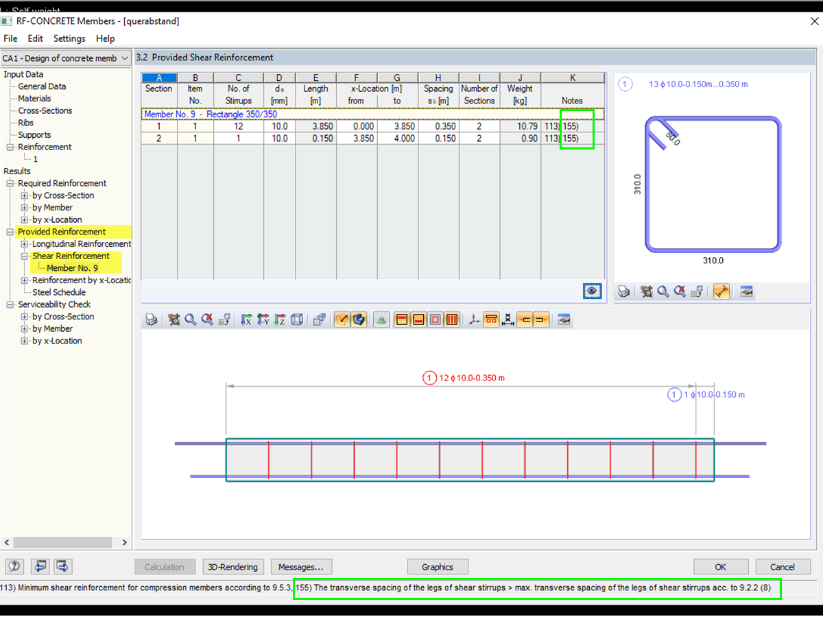 FAQ 005020 | Почему в качестве результата расчёта железобетонных стержней с существующим хомутным армированием появляется предупреждение 155?