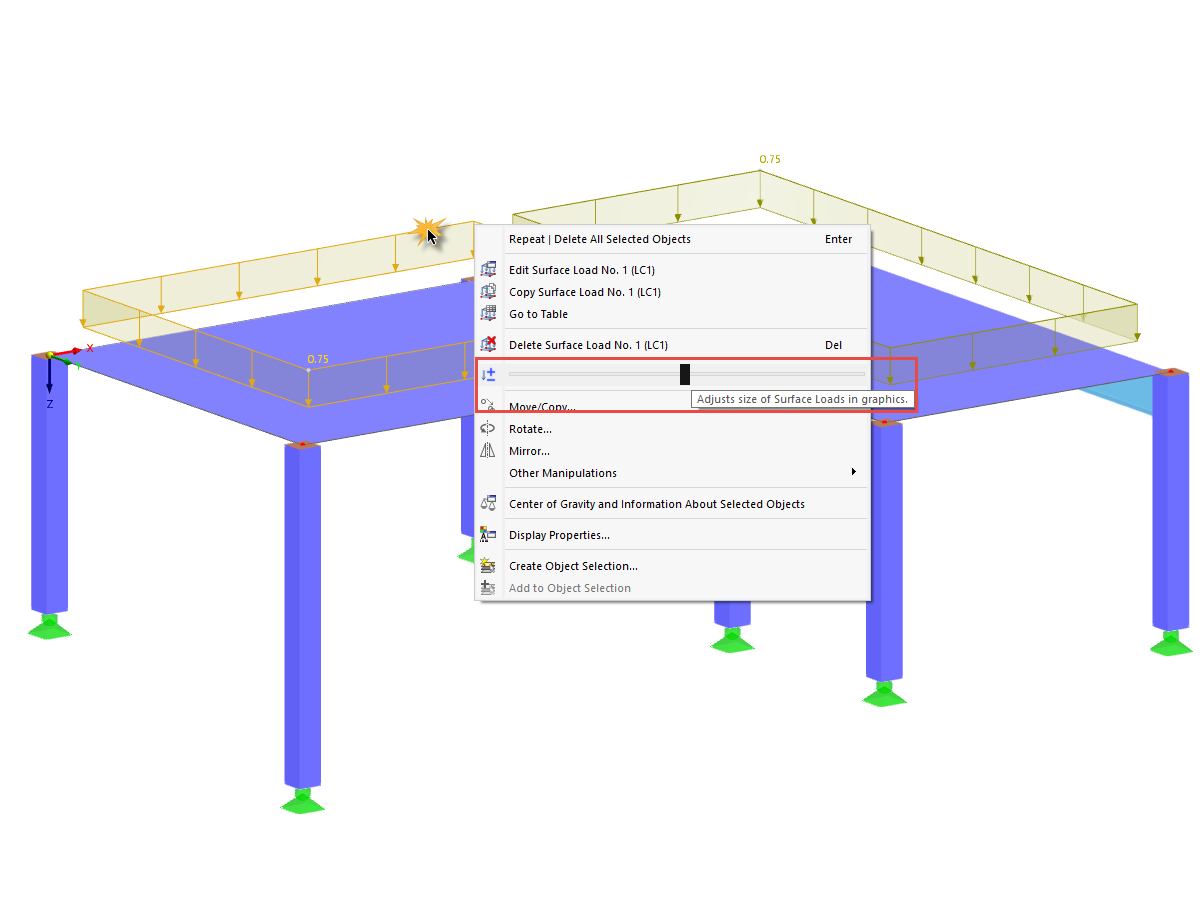FAQ 005062 | Wie kann ich die Größe von einigen Objekten wie z. B. Auflagern und Lasten schnell ändern?