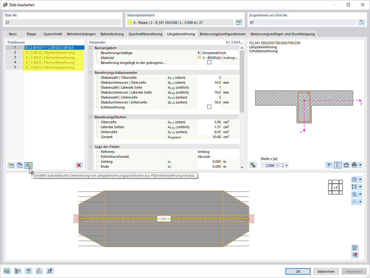 Rippenbemessung | Automatische Berücksichtigung der Flächenbewehrung