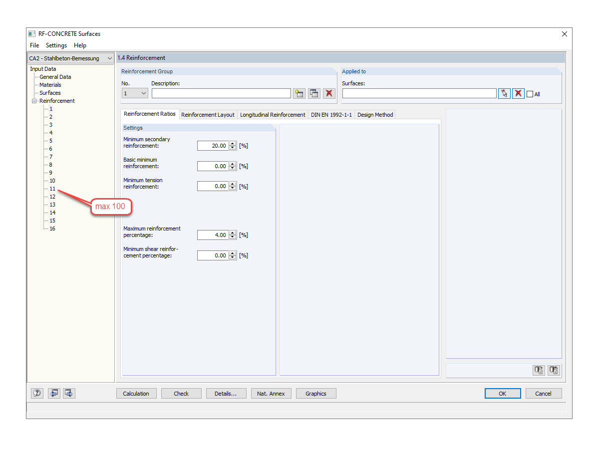 FAQ 005178 | Какое максимальное количество групп арматуры можно создать в одном случае в модуле RF-CONCRETE Surfaces?