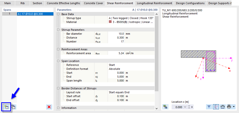 Создание нового пролета поперечной арматуры