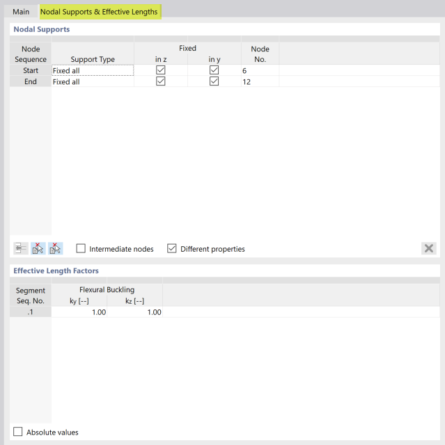 Вкладка «Узловые опоры и эффективная длина»