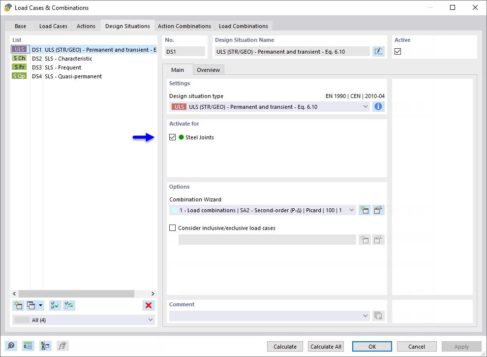 Активация расчетной ситуации для расчета стальных соединений