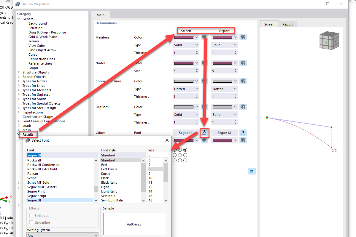 FAQ 005289 | Как настроить размер шрифта в RFEM 6 и RSTAB 9 для экрана и отчета о распечатке?