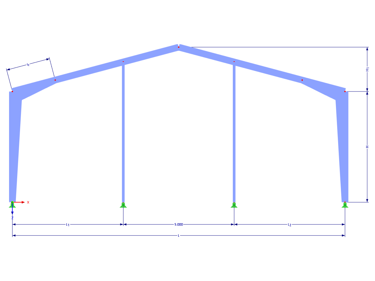 Модель 003312 | FTA023 - Тест на множественность | Коническая рама. Многопролетный. Коническая колонна, стропила со сбегом около угла рамы. с параметрами