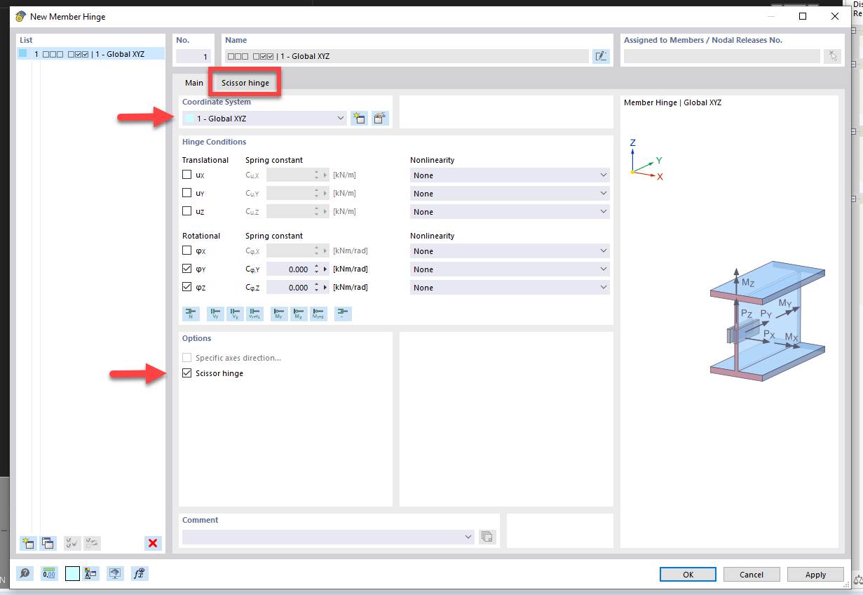 FAQ 005362 | Как определить в программе RFEM 6 ножничный шарнир?