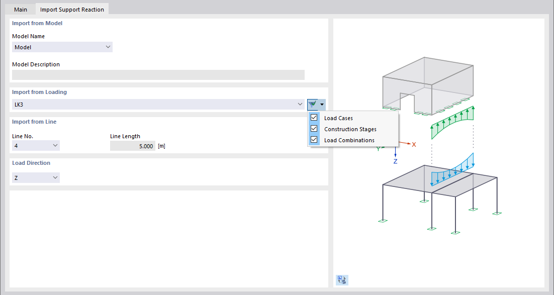 Задайте модель, нагрузку и линию для импорта реакции опоры