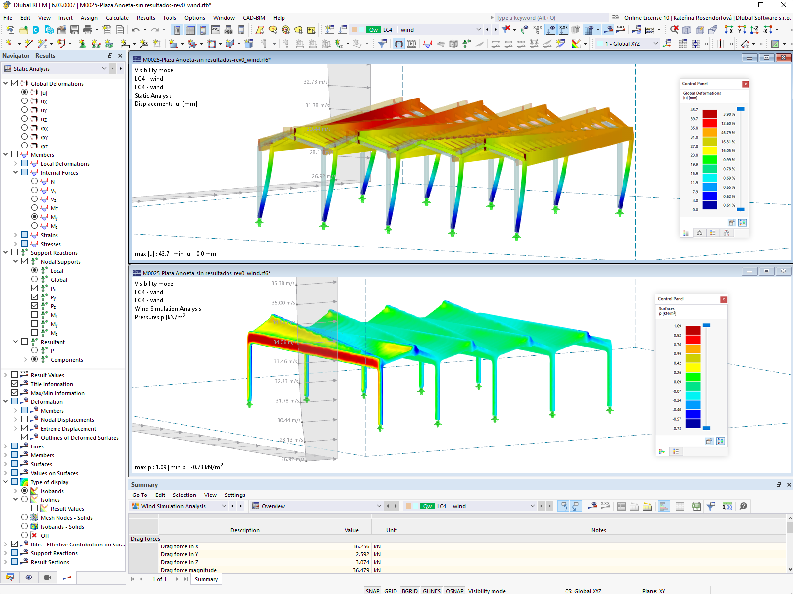 Ветровая деформация конструкции кровли в RFEM