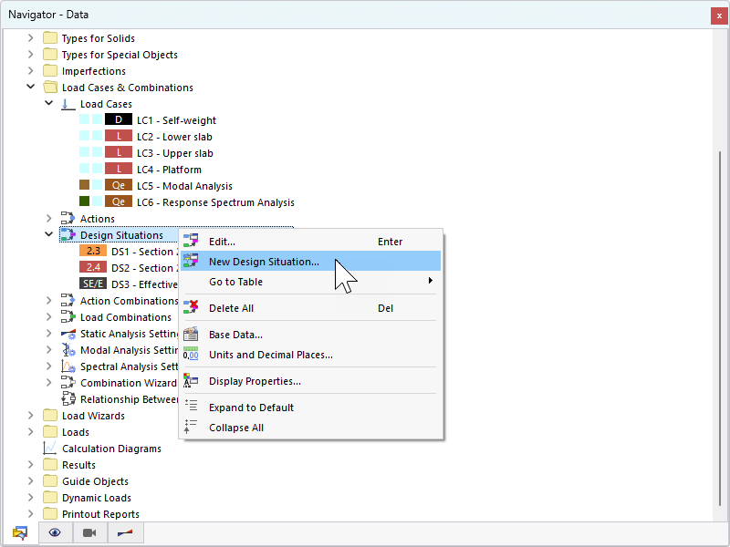 Создание новой расчётной ситуации с помощью контекстного меню