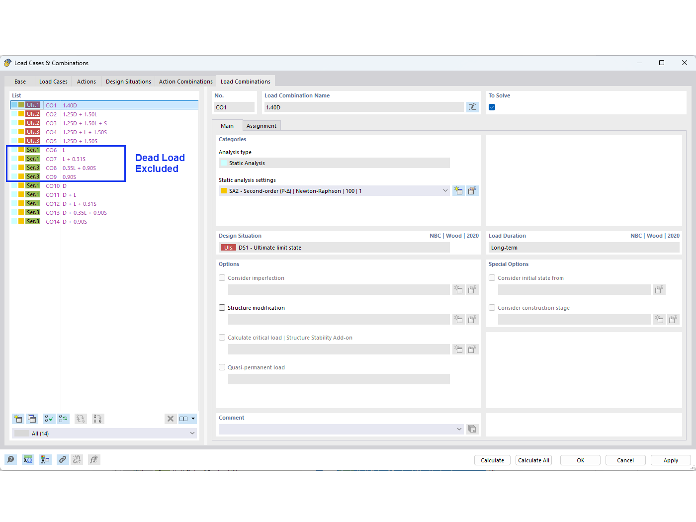 Часто задаваемые вопросы 005594 | How can I exclude the dead load in NBC load combinations when performing a deflection check?