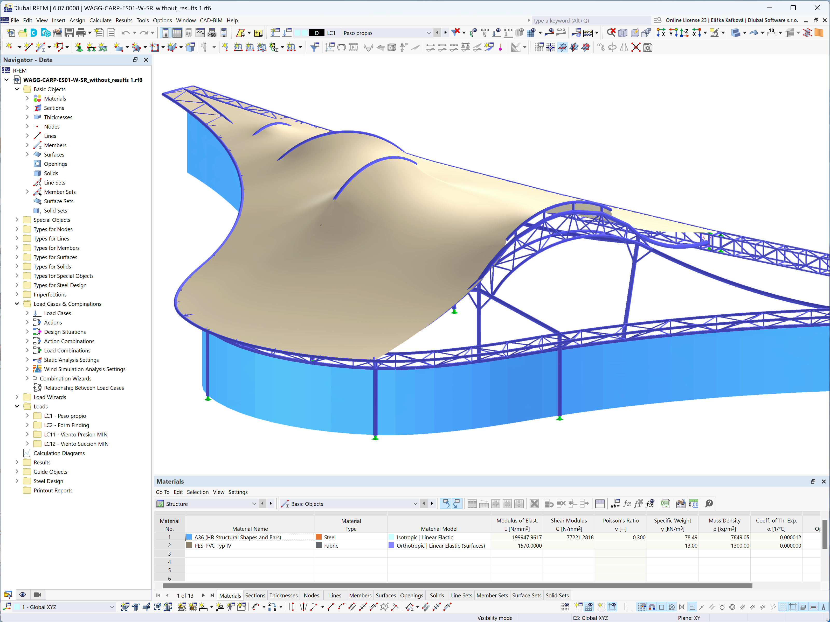 Модель RFEM с подробной информацией о металлической конструкции и недеформированной мембране (© Ing. Agustin Alvarez Sarrieta)