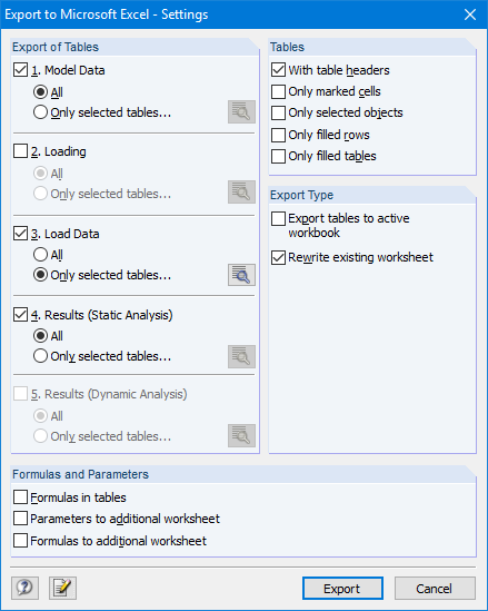 Einstellungen der Exporttabellen nach MS Excel