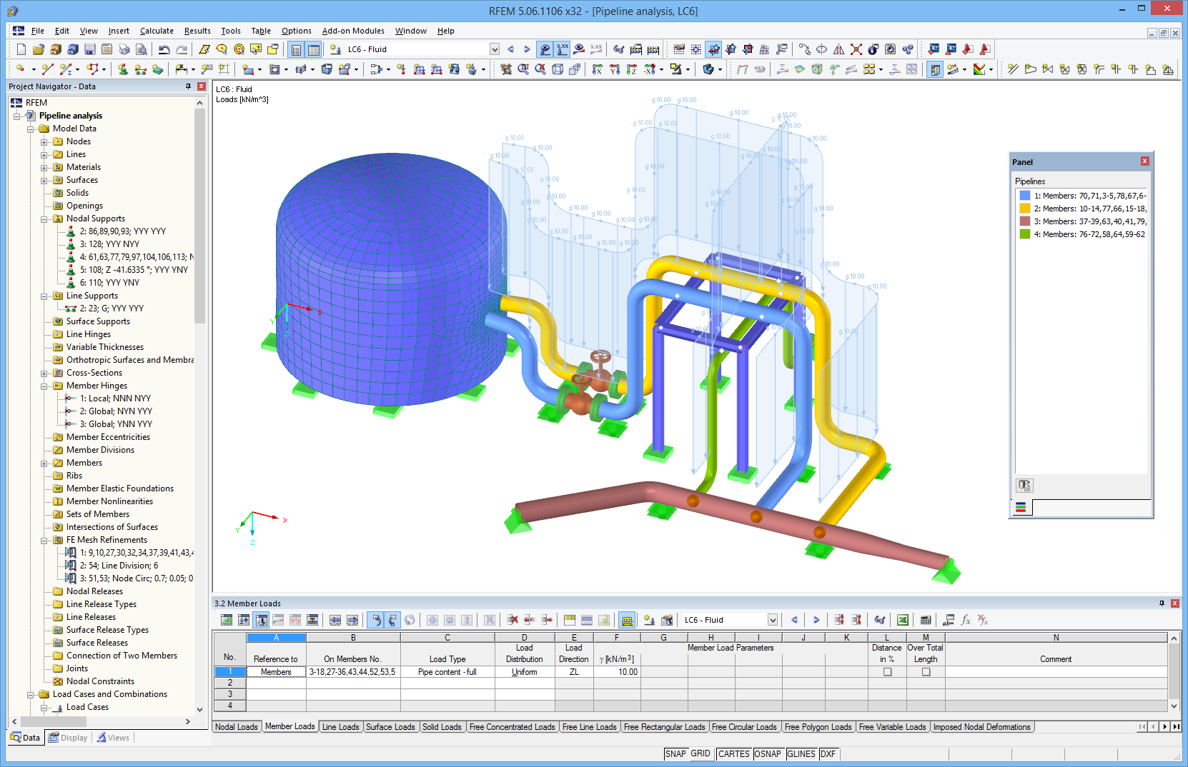 Darstellung der Rohrleitungen mit Lasten in RFEM