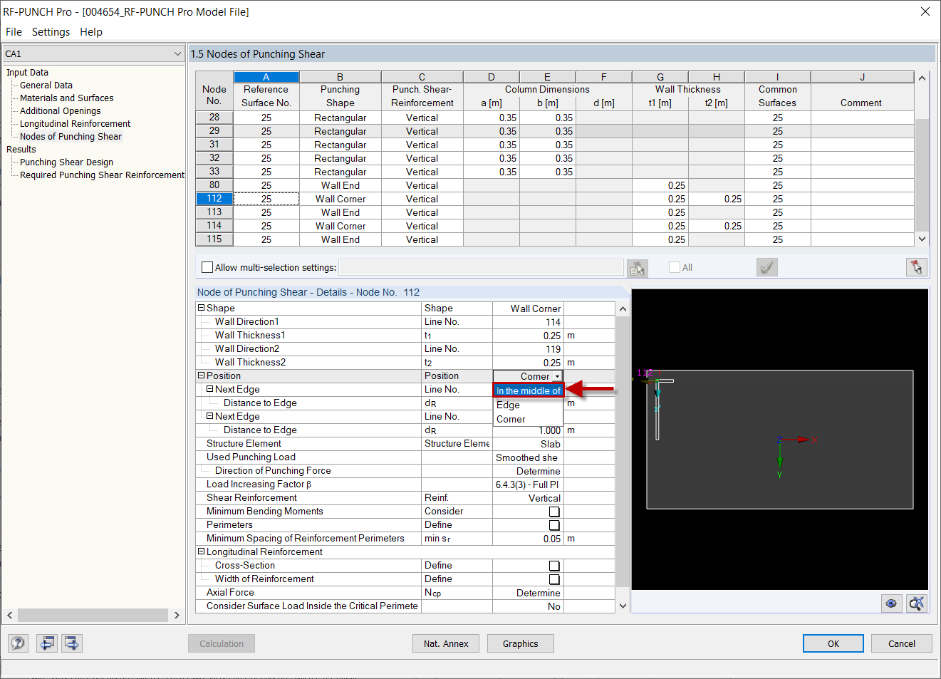 RF-PUNCH Pro中的1.5窗口,带有墙角支座的设置