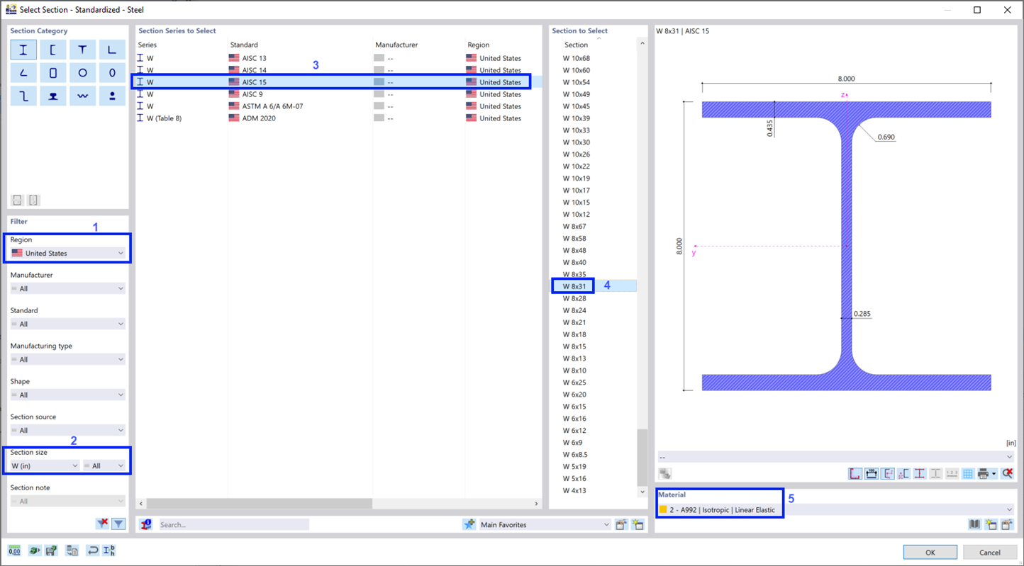 在库中选择 W 8x31 截面