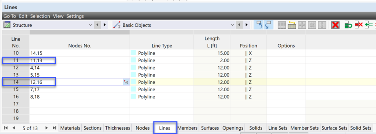 "Lines" Table