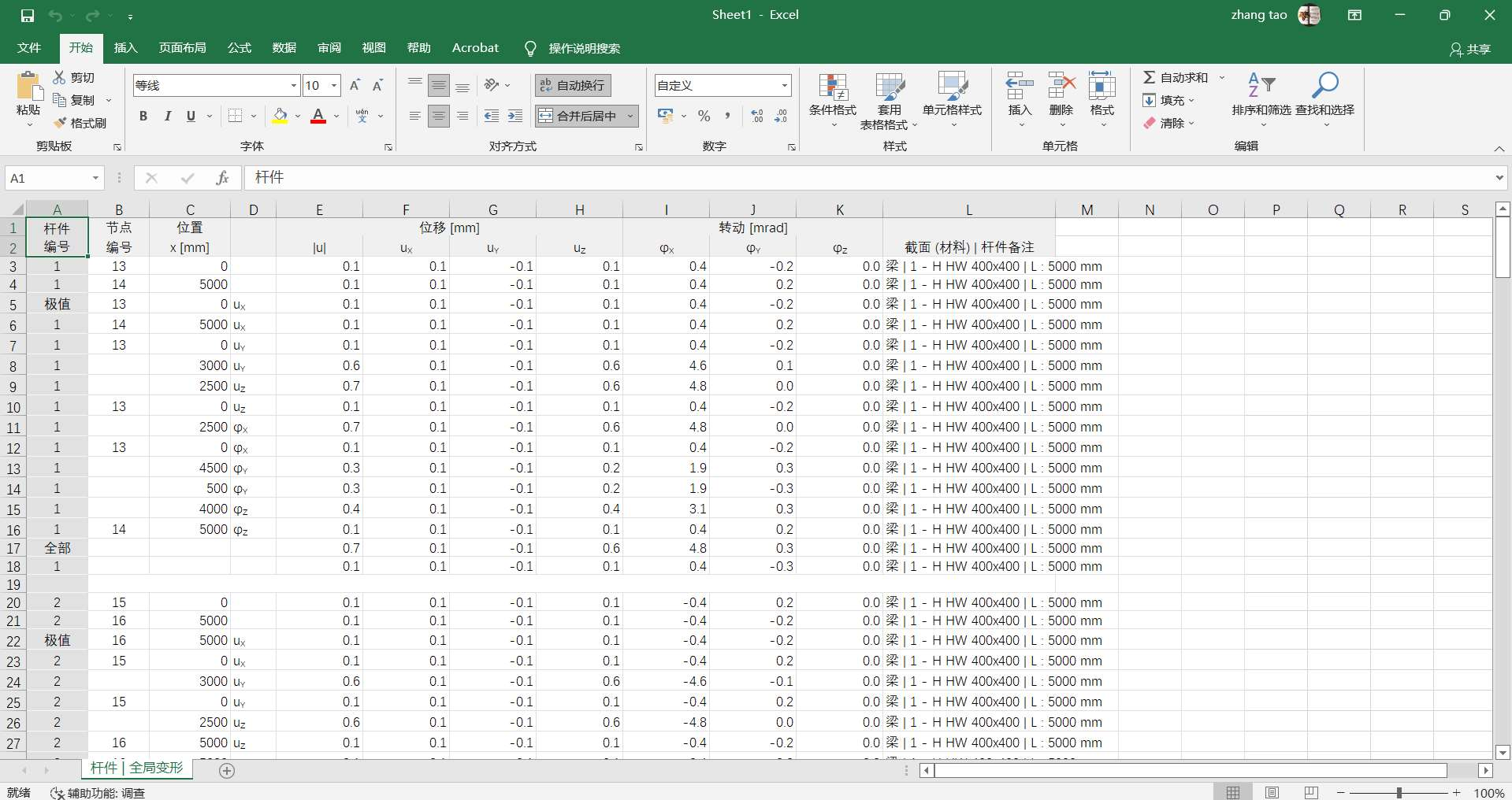 主内力和弯矩的 Excel 表格