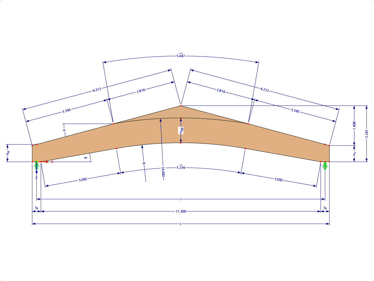 型号 000612 | GLB0611 | 胶合木梁 | 斜面弧面 | 可变高度 | 对称 | 带参数的松散屋脊楔块