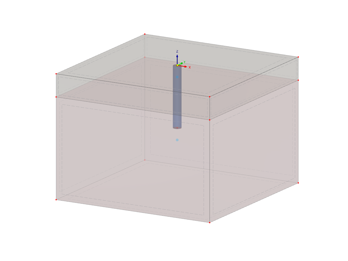 混凝土桩模型的 3D 视图,显示土-结构相互作用,用于 RFEM 6 中的岩土工程分析。